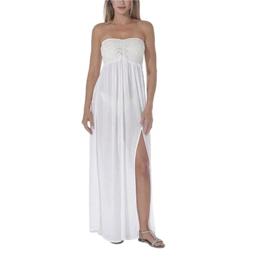 Raviya Women's White & Metallic Tie-Back Maxi Cover-Up Dress Size Small NWT $54